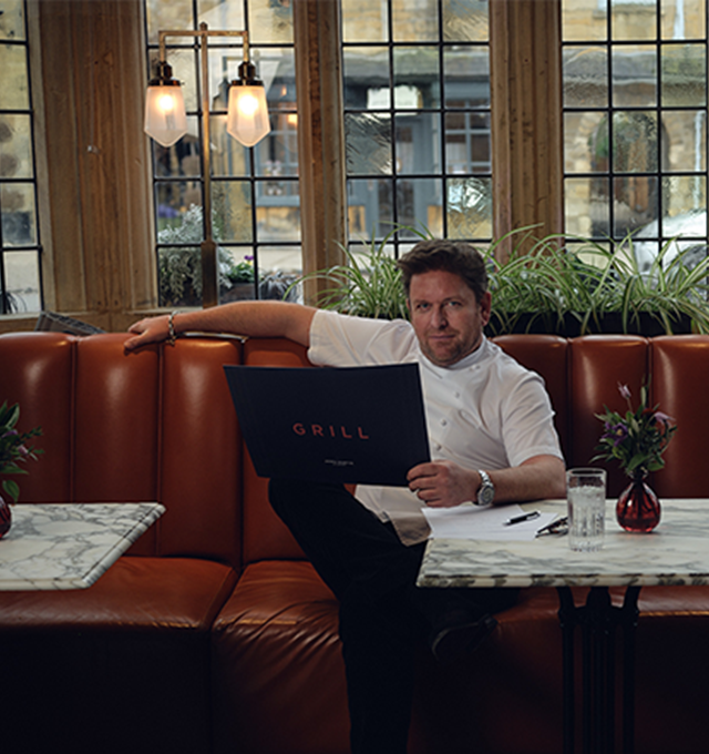 James Martin sitting down at the Grill restaurant at The Lygon Arms
