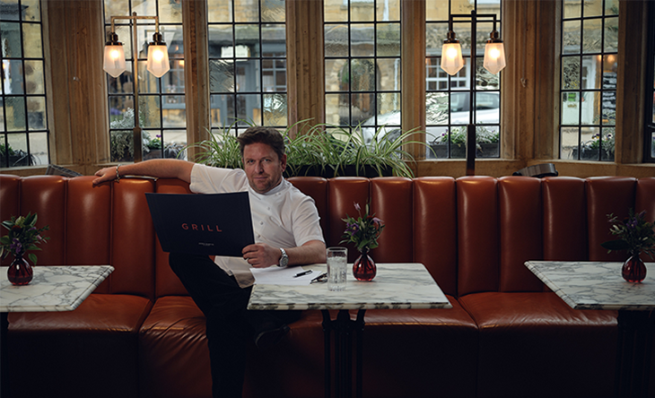 James Martin sitting down at the Grill restaurant at The Lygon Arms
