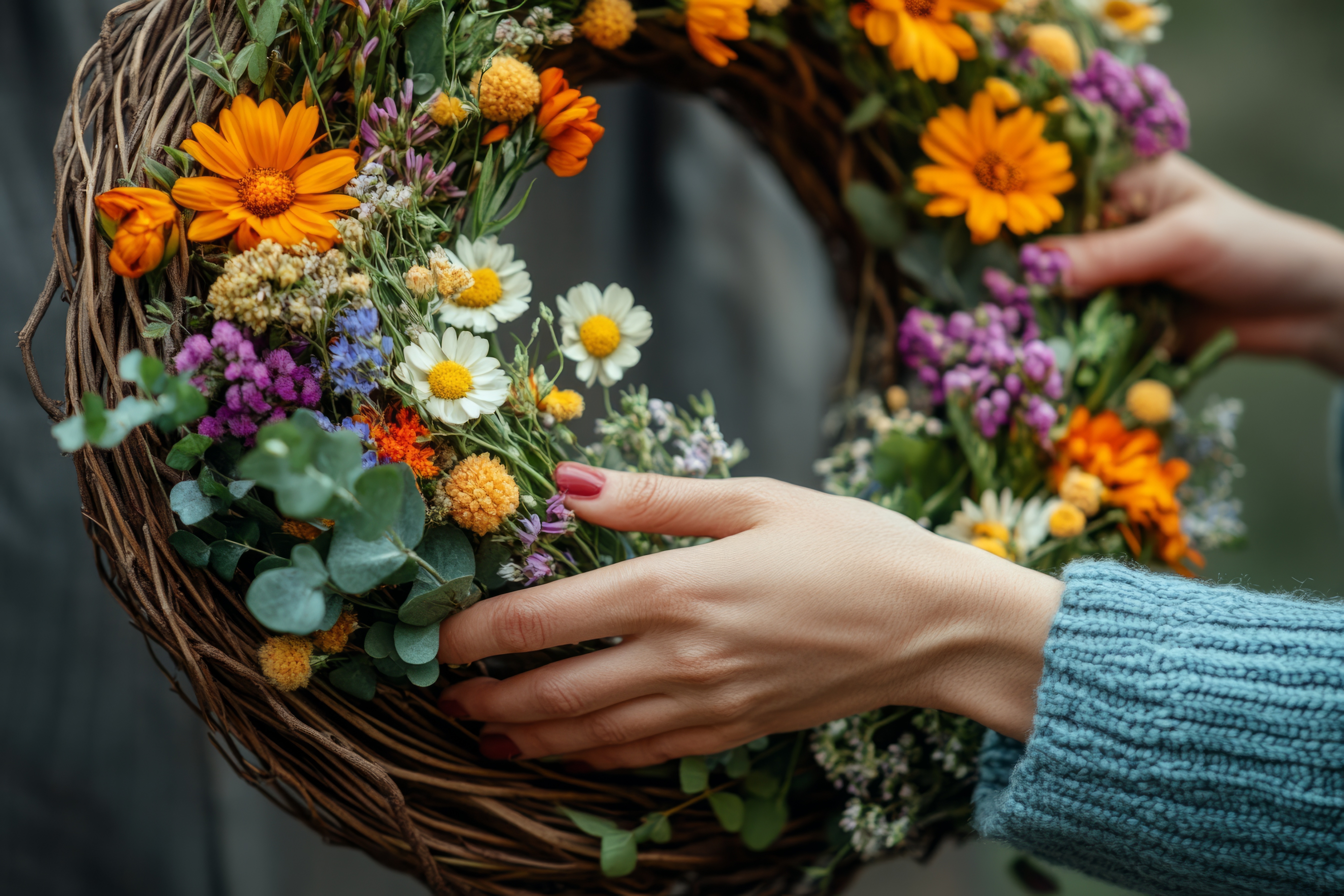 Hands making an autumn wreath with pinecones and leaves.