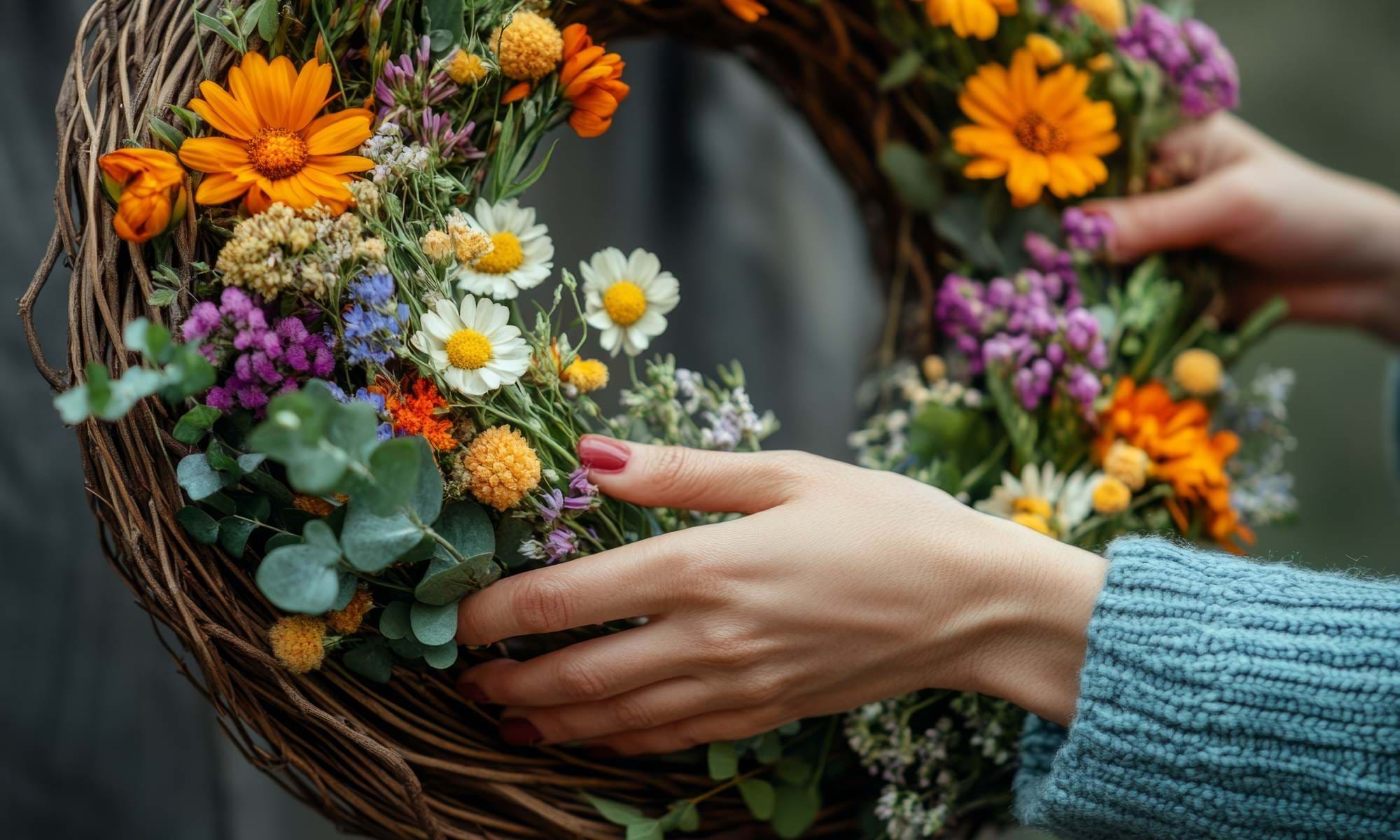 Hands making an autumn wreath with pinecones and leaves.