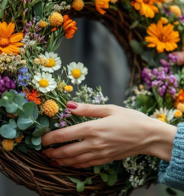 Hands making an autumn wreath with pinecones and leaves.