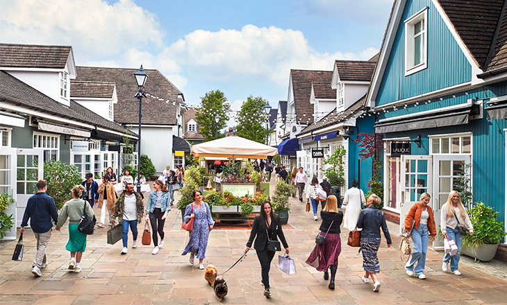 Shoppers walking in outdoor shopping village