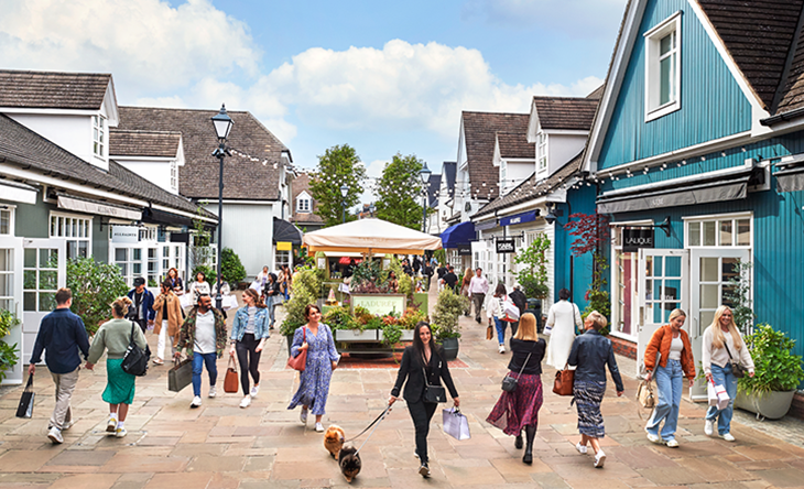 Shoppers walking in outdoor shopping village