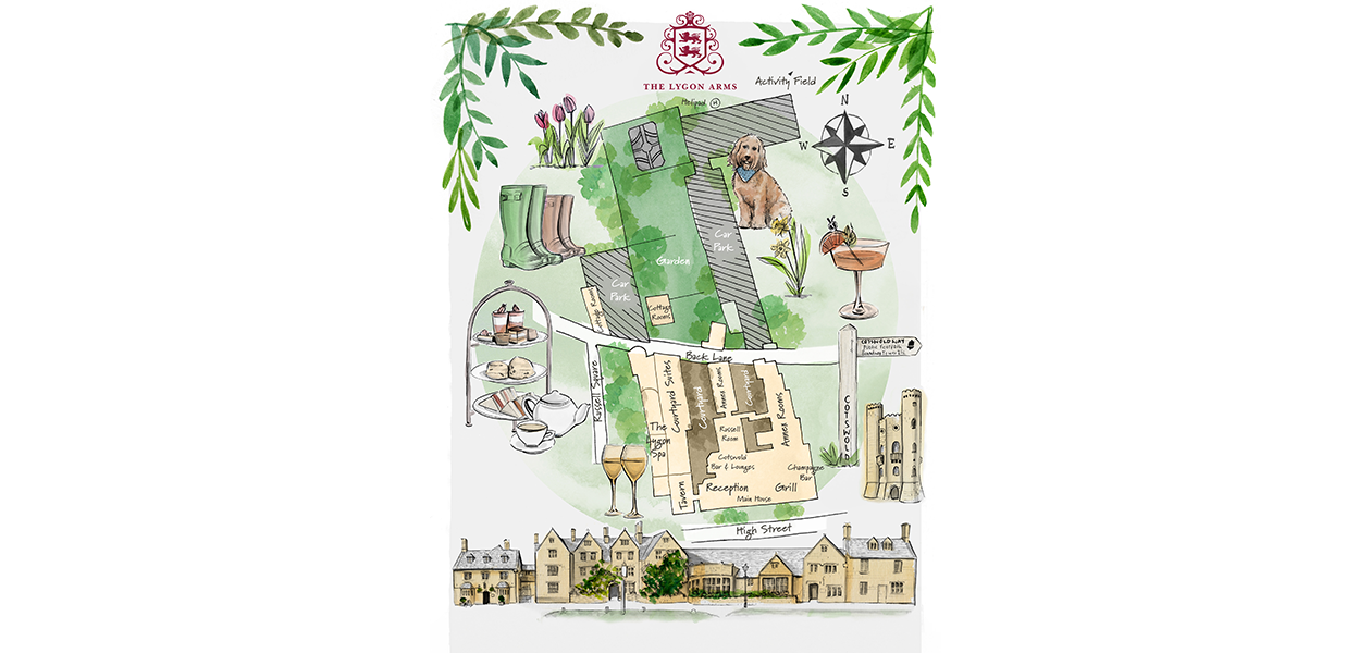 Illustration of The Lygon Arms facade and grounds